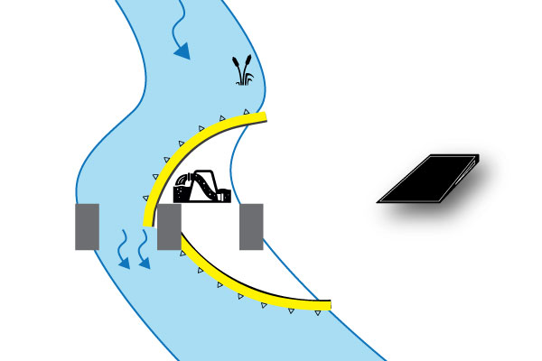 " Гибкие Water-Gate © cofferdams. Схема двойной установки в L до и после с опорой на опоре моста Низкий уклон. Дело № 4бис"